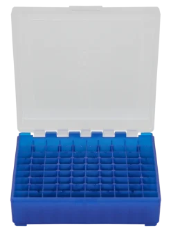 800430 - BOITE DE RANGEMENT BLEU COUVERCLE TRANSPARENT 100 MUNITIONS CAL 9MM