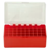 800453 - BOITE DE RANGEMENT ROUGE COUVERCLE TRANSPARENT 50 MUNITIONS CAL 45LC/44MAG
