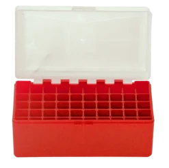 800453 - BOITE DE RANGEMENT ROUGE COUVERCLE TRANSPARENT 50 MUNITIONS CAL 45LC/44MAG