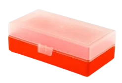 800453 - BOITE DE RANGEMENT ROUGE COUVERCLE TRANSPARENT 50 MUNITIONS CAL 45LC/44MAG