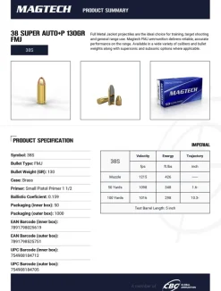 770642 - CARTOUCHES MAGTECH 38 SUPER AUTO+P 130GR FMJ X50