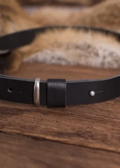 1600201030 - LARP Ceinture en cuir, noir avec tête de loup, boucle argentée