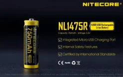 NCNL1475R - NiteCore Accu Li-ion 14500 - 750mAh - Port Micro-USB - 3,6V