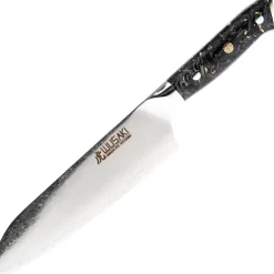 Wusaki couteau Santoku Sakin Damas 10Cr manche carbone et or